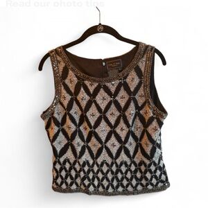 COTE D’AZUR vintage Silk Sequin Art Deco Tank Disco Cocktail Party Top L